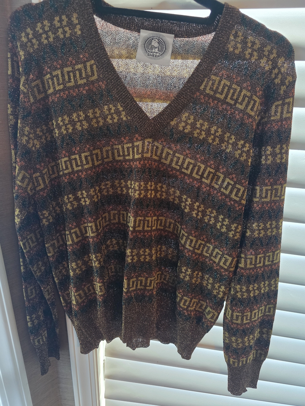 Happy Sheep Women's Brown Multi-Color V-Neck Sweater